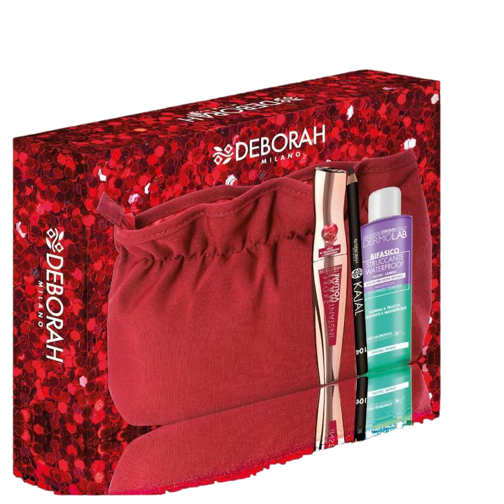 set-deborah-dermolab-bifasico-hyaluronic-acid-makeup-remover-lotion-150-ml-deborah-kajal-eye-pencil-104-black-1-5-g-instant-maxi-waterproof-volumizing-mascara-black-14-ml-makeup-bag-red-1700119365