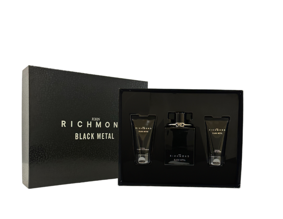 Set John Richmond: Black Metal, Natural, Curățare, Gel de duș, 50 ml + Black Metal, Loțiune de corp, 50 ml + Black Metal, Parfum, Pentru bărbați, 100 ml