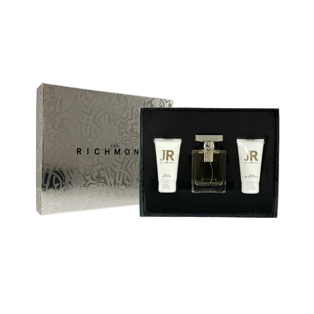 Set John Richmond: John Richmond, Natural, Hidratant, Loțiune de corp, 50 ml + Black Metal, Natural, Curățare, Gel de duș, 50 ml + John Richmond, Parfum, Pentru femei, 100 ml