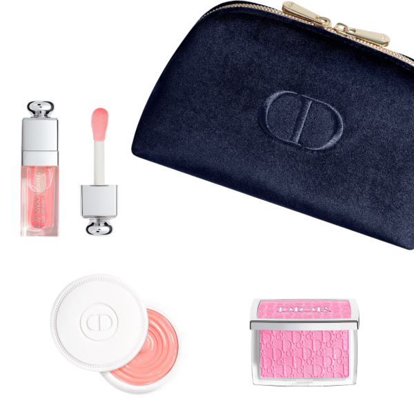 Natural Glow Ritual Set Christian Dior: Backstage Rosy Glow, Blush Compact Powder, 001, Pink, 4.6 g + Addict, Glossy, Lip Oil, 001, Pink, 6 ml + Abricot, Fortifying, Nail Cream Treatment, 8 g + Textile Makeup Bag, Blue