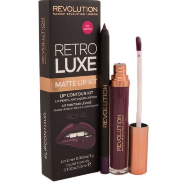 Set Makeup Revolution: Retro Luxe, Matte, Liquid Lipstick, Royal, 5.5 ml + Retro Luxe, Lip Liner, Royal, 1 g